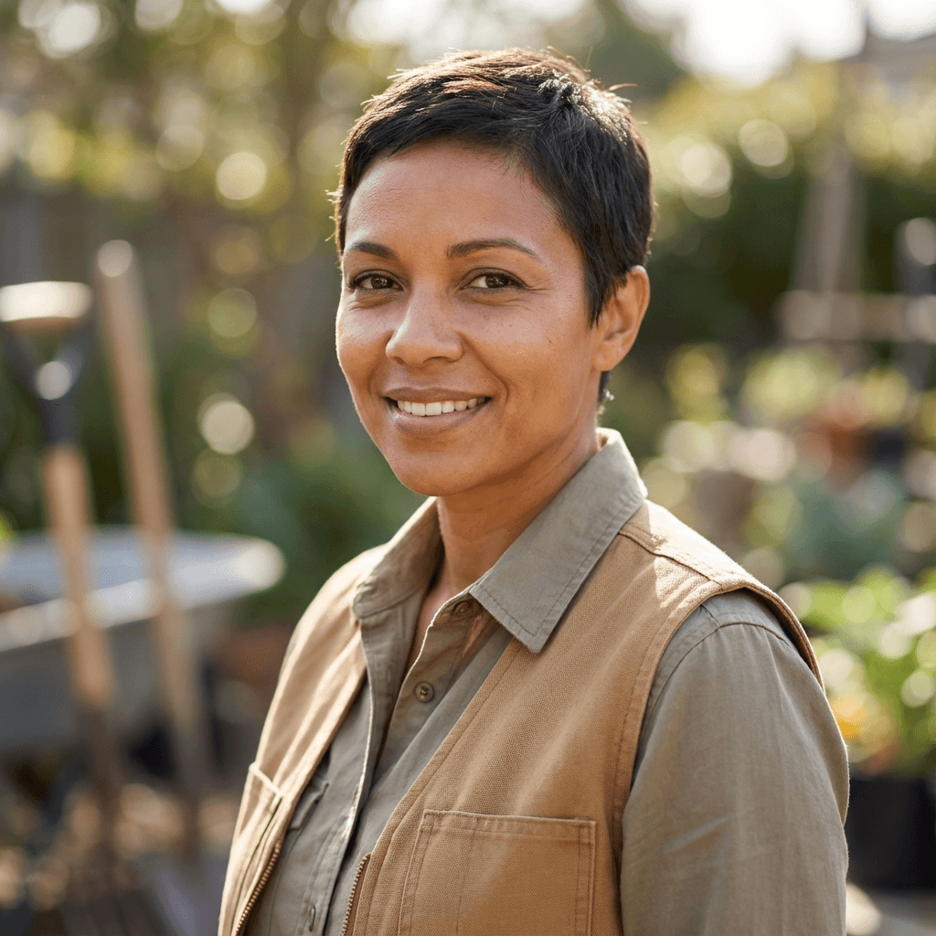 Female homeowner in her 50s, White, standing in a backyard
