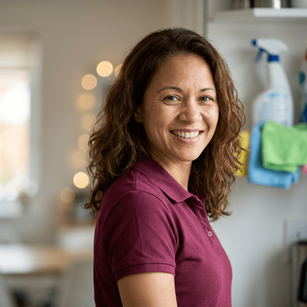 Female homeowner standing next to a clean window