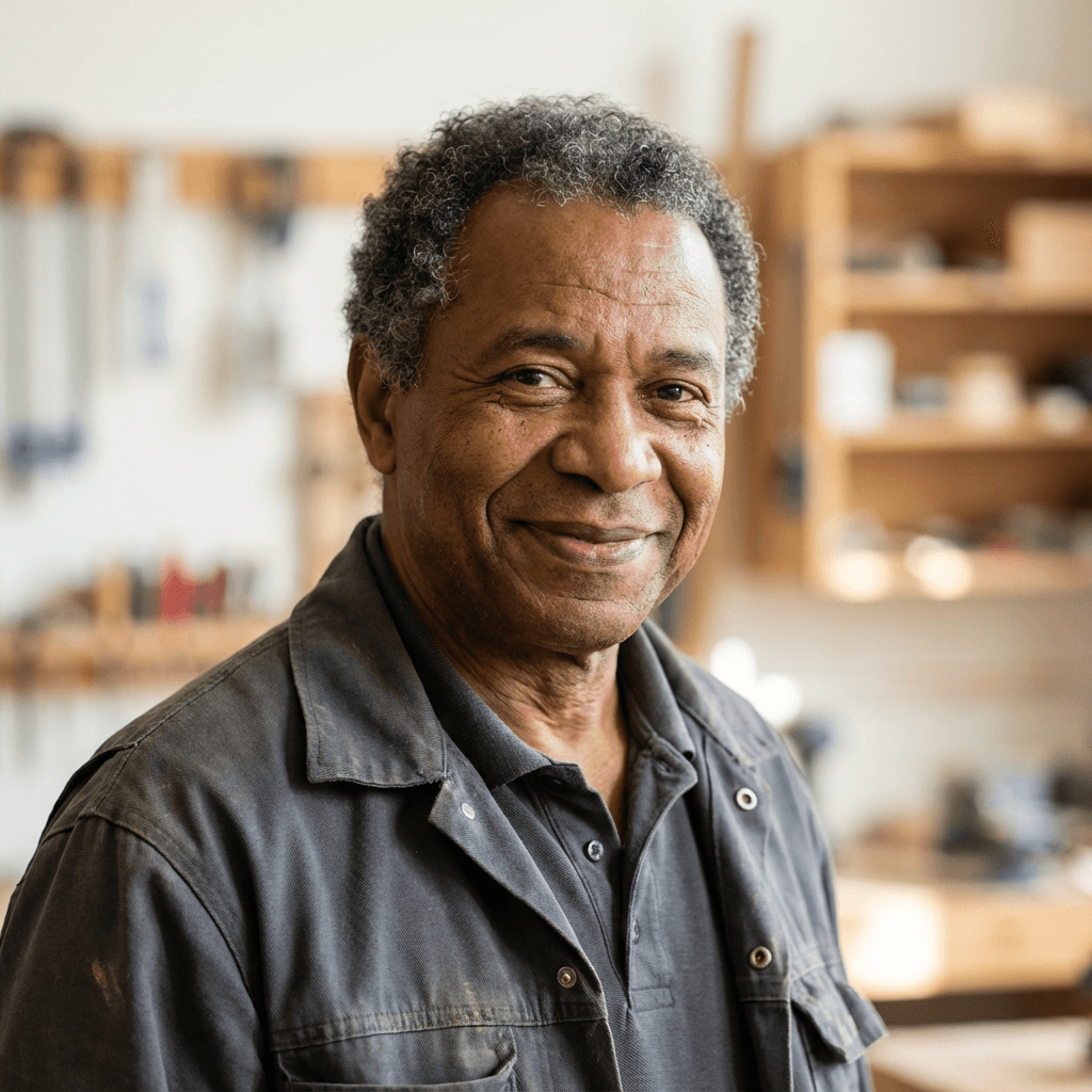 Male homeowner in his mid 30s, Black, standing in front of a garage