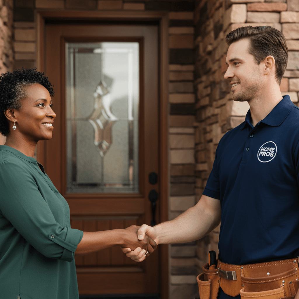 Contractor having a straightforward conversation with a homeowner on a porch