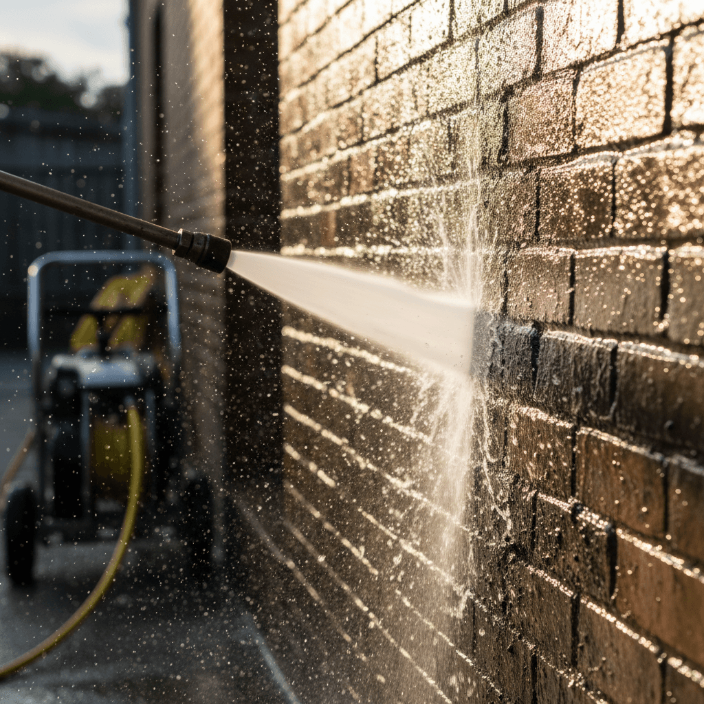 Pressure washer in action cleaning home siding