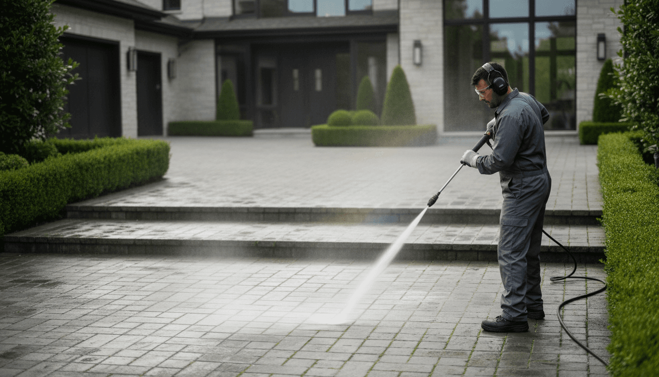 Technician pressure washing the driveway of a home in Yelm, WA